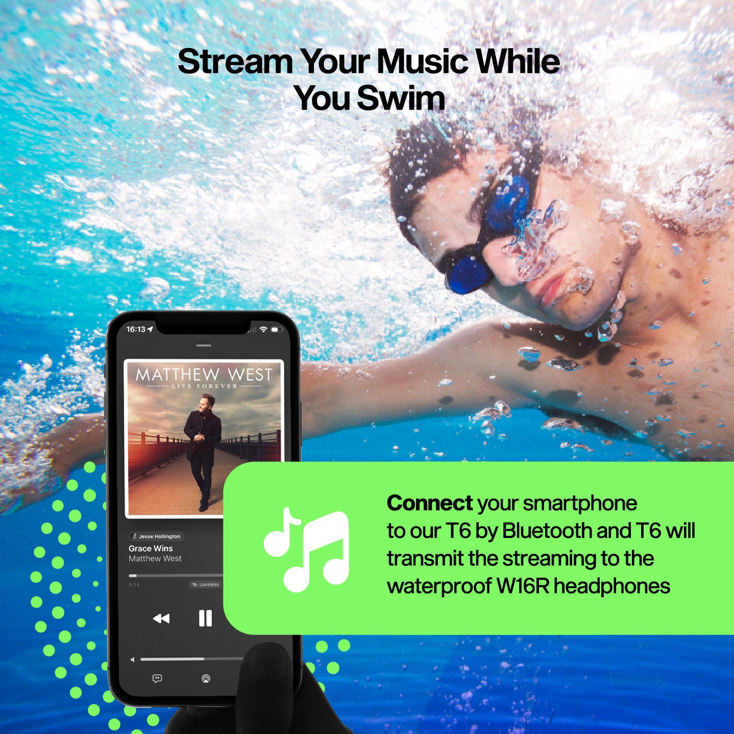 Conjunto Swimcomm T6 y W25. Auriculares Bluetooth/Push-To-Talk de conducción ósea resistentes al agua + transmisor de radio Push-To-Talk. Paquete. Para música y entrenamiento.