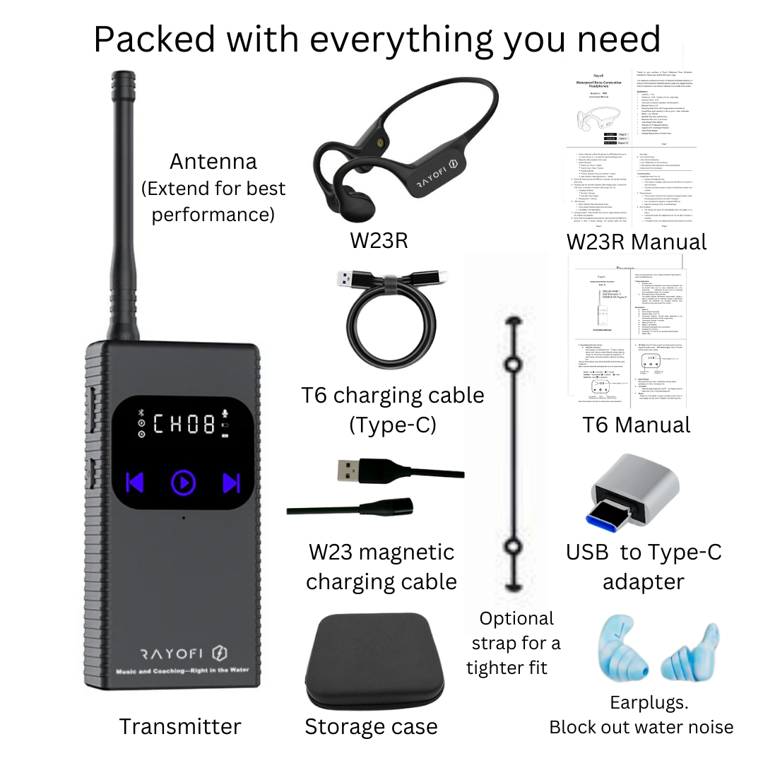 Conjunto Swimcomm T6 y W25. Auriculares Bluetooth/Push-To-Talk de conducción ósea resistentes al agua + transmisor de radio Push-To-Talk. Paquete. Para música y entrenamiento.