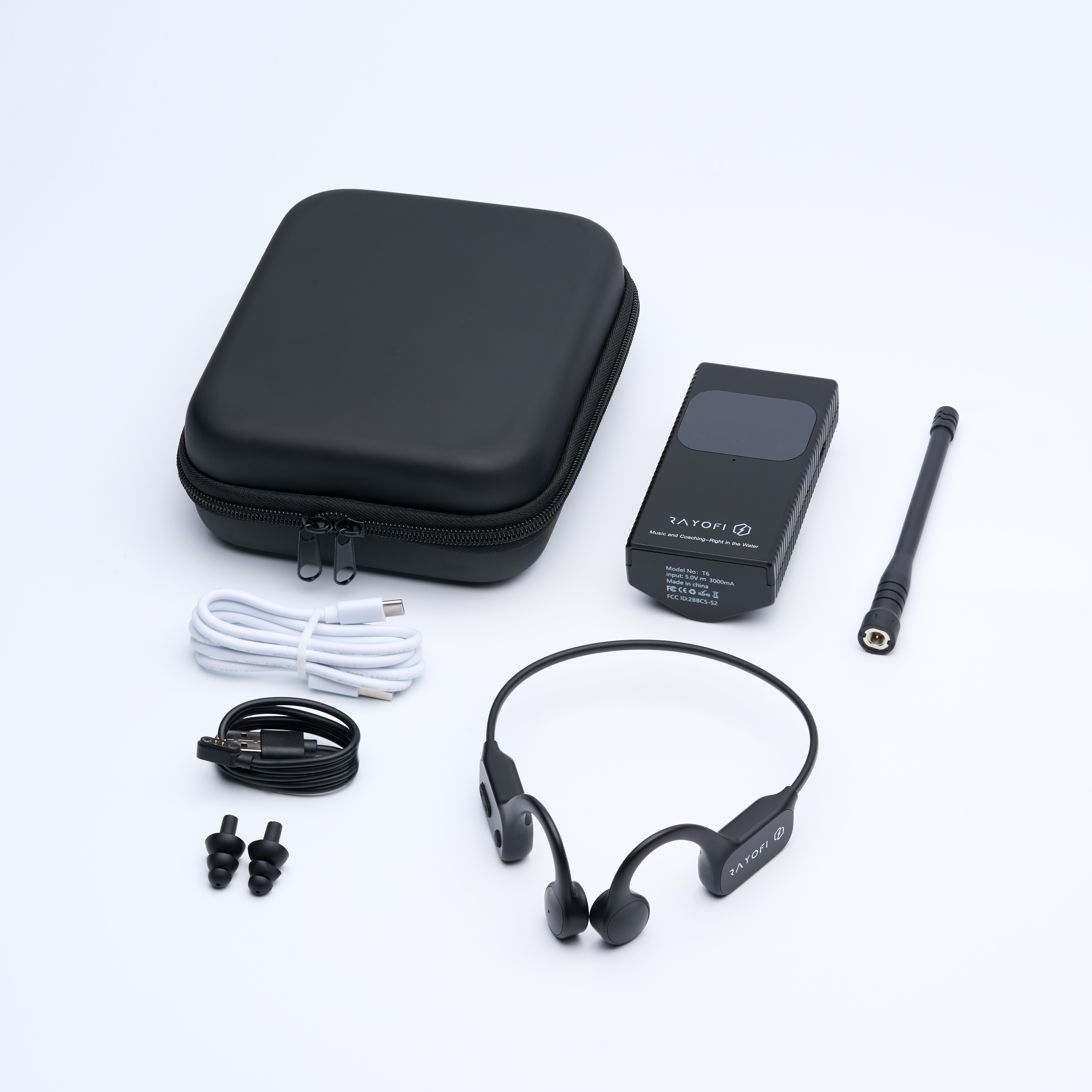 Conjunto Swimcomm T6 y W25. Auriculares Bluetooth/Push-To-Talk de conducción ósea resistentes al agua + transmisor de radio Push-To-Talk. Paquete. Para música y entrenamiento.