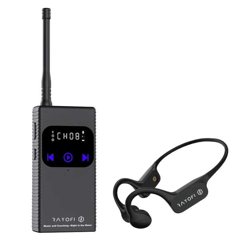 Conjunto Swimcomm T6 y W25. Auriculares Bluetooth/Push-To-Talk de conducción ósea resistentes al agua + transmisor de radio Push-To-Talk. Paquete. Para música y entrenamiento.