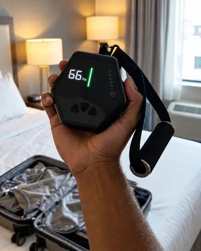 Go-Tone Pro held over an open suitcase in a hotel room, its screen showing 66 lbs