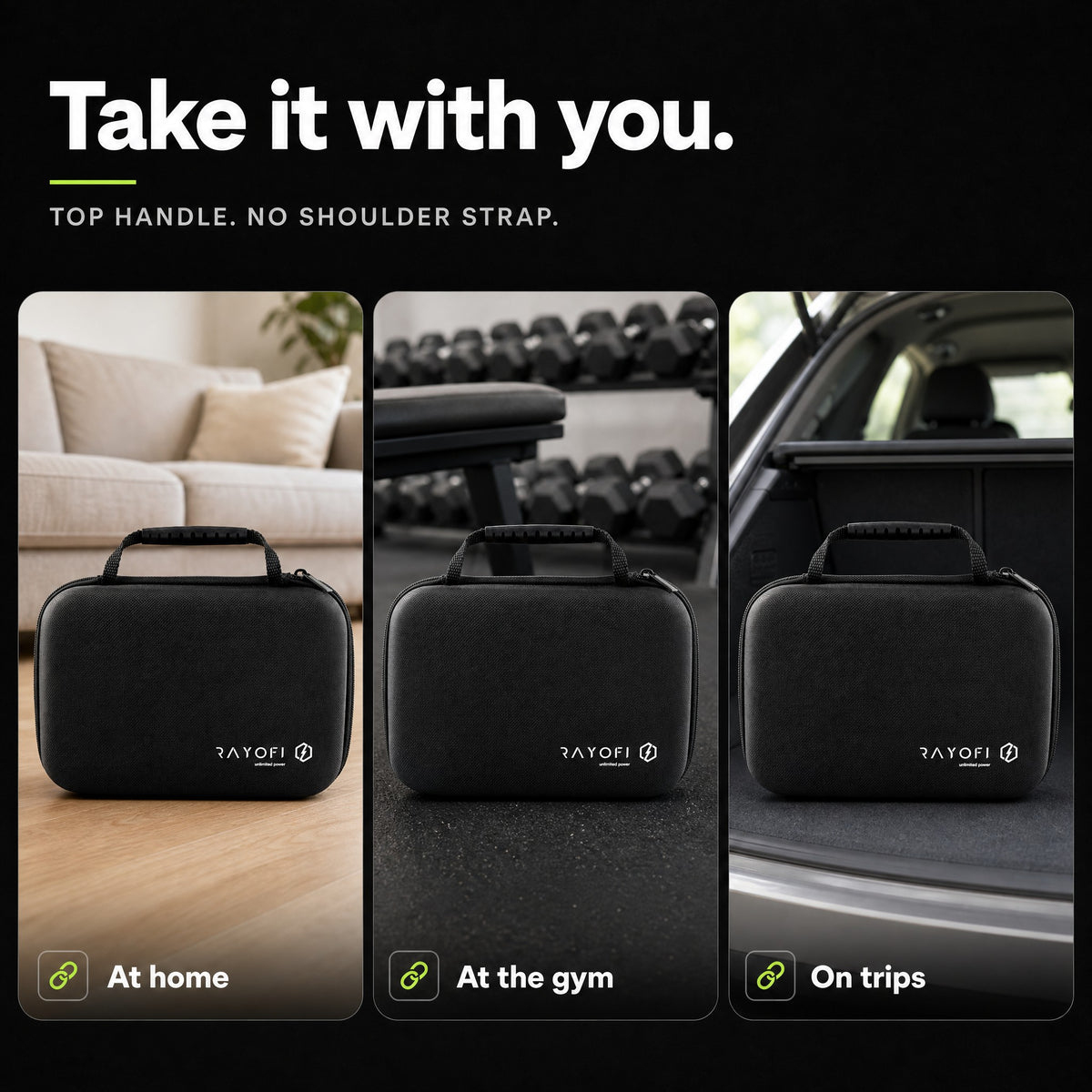 The Carry Bag at home, at the gym and on a trip, carried by its top handle