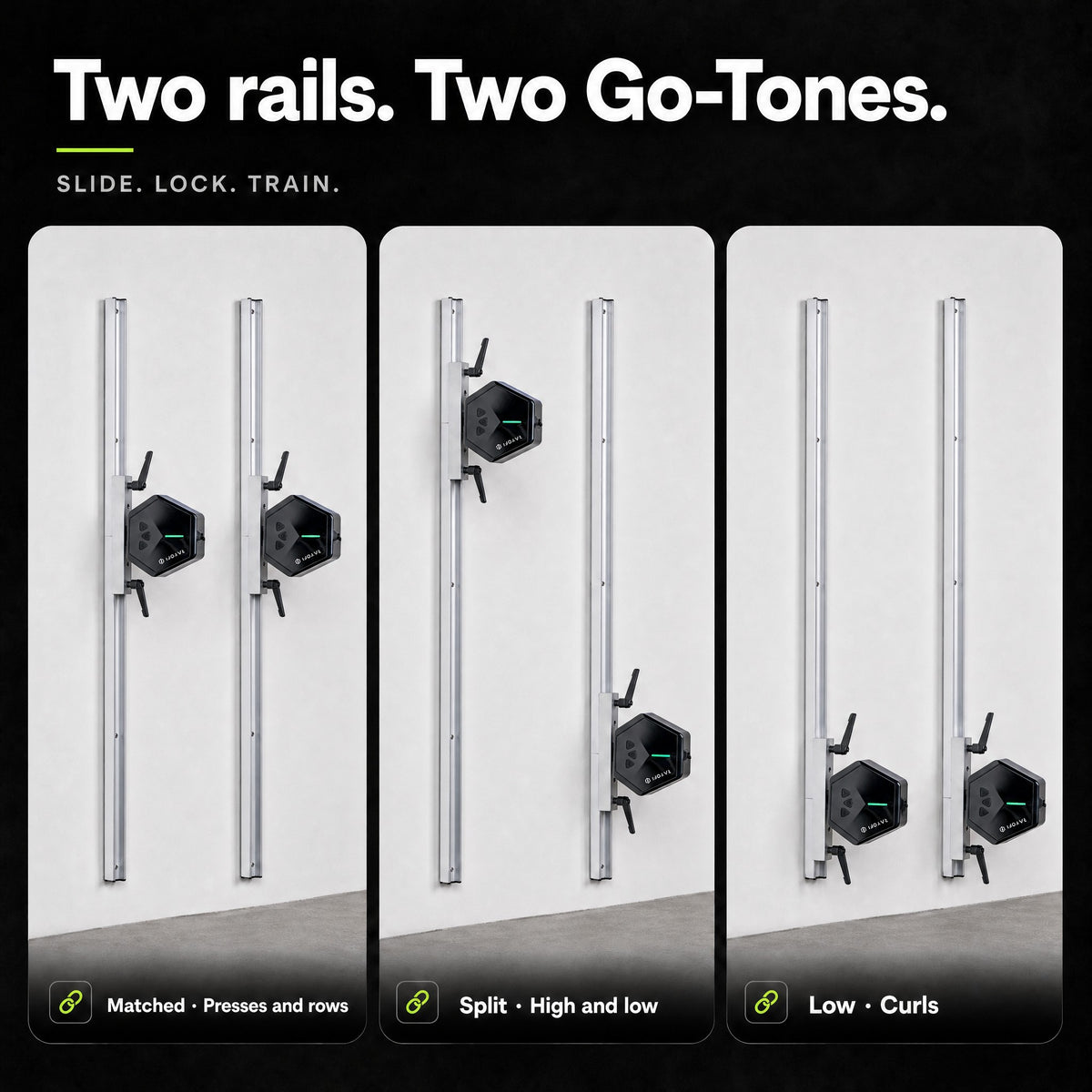 Two GYMDOCK rails with a Go-Tone docked on each, at matching heights, split high and low, and both low