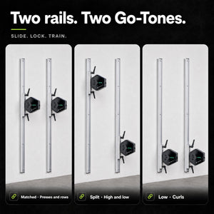 Two GYMDOCK rails with a Go-Tone docked on each, at matching heights, split high and low, and both low