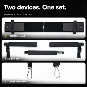 Footpad & Bar Set parts: the foldable footpad, the 3-part bar and the cables with hooks