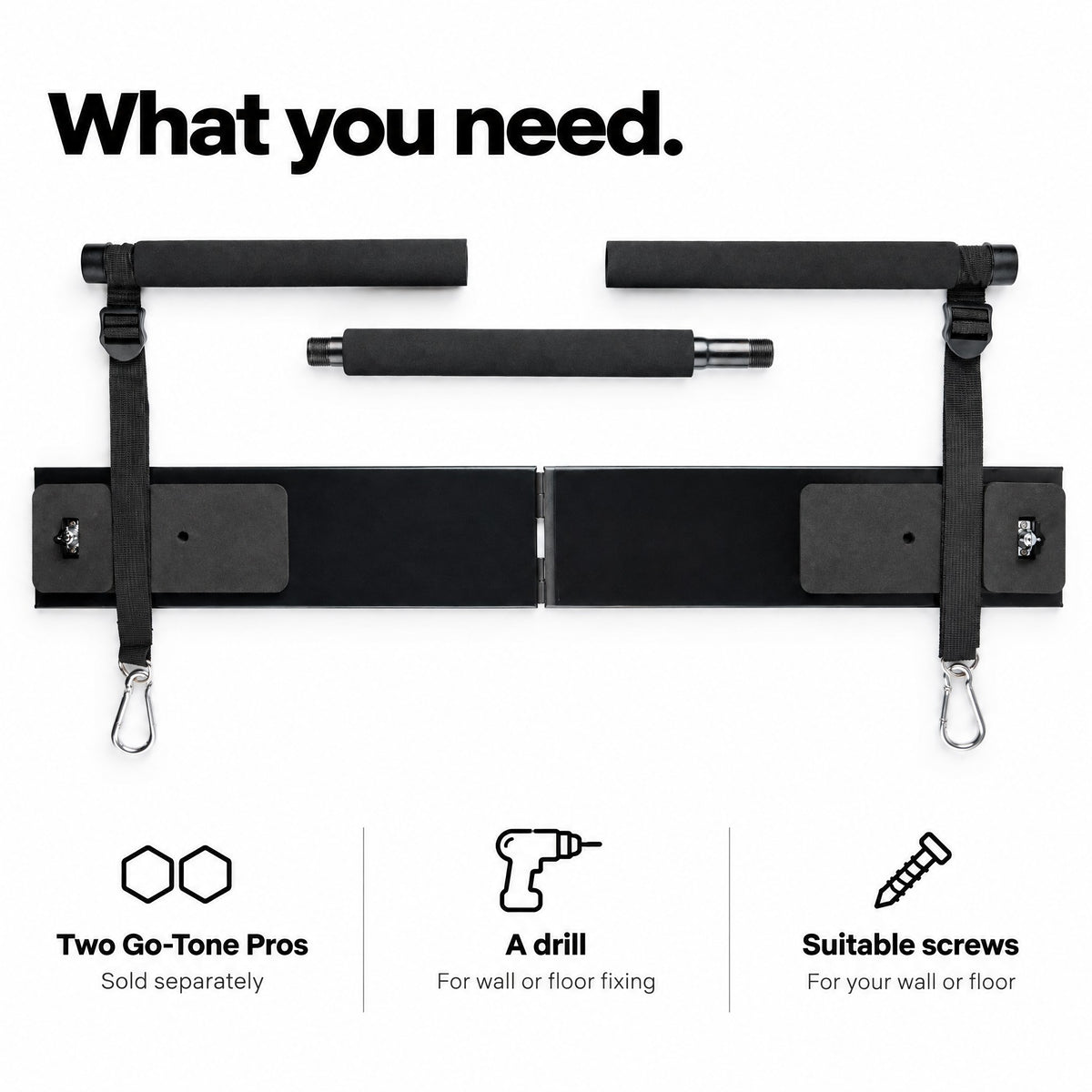 What you need for the Footpad & Bar Set: two Go-Tone Pro devices, plus a drill and screws for wall or floor fixing