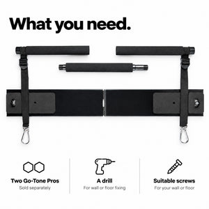 What you need for the Footpad & Bar Set: two Go-Tone Pro devices, plus a drill and screws for wall or floor fixing