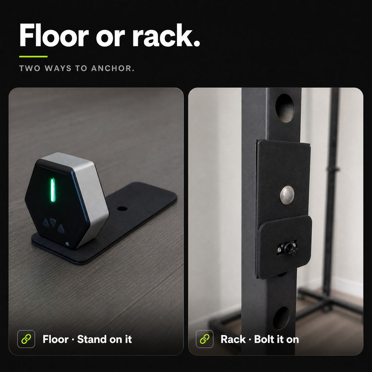 The footrest used two ways: on the floor with a Go-Tone attached, and bolted to a rack upright