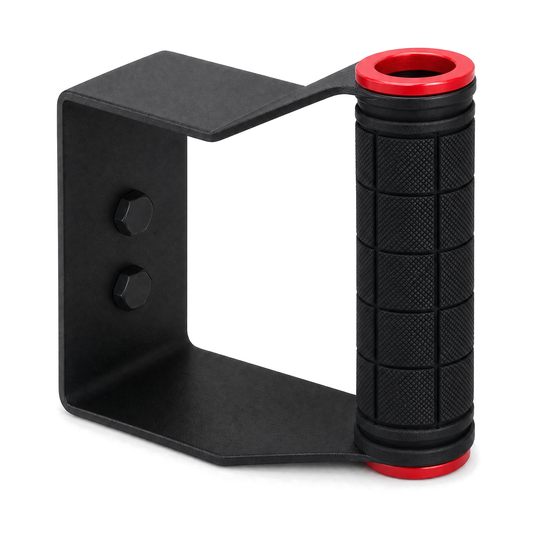 Go-Tone Grip Attachment: black steel bracket with knurled rubber hand grip and red end caps, on white
