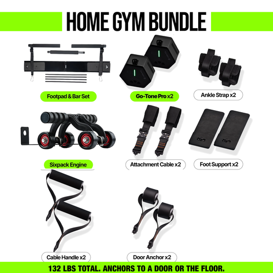 Everything in the Go-Tone Pro Home Gym Bundle: two Go-Tone Pro units, Footpad and Bar Set, Sixpack Engine, ankle straps, attachment cables, foot supports, cable handles and door anchors
