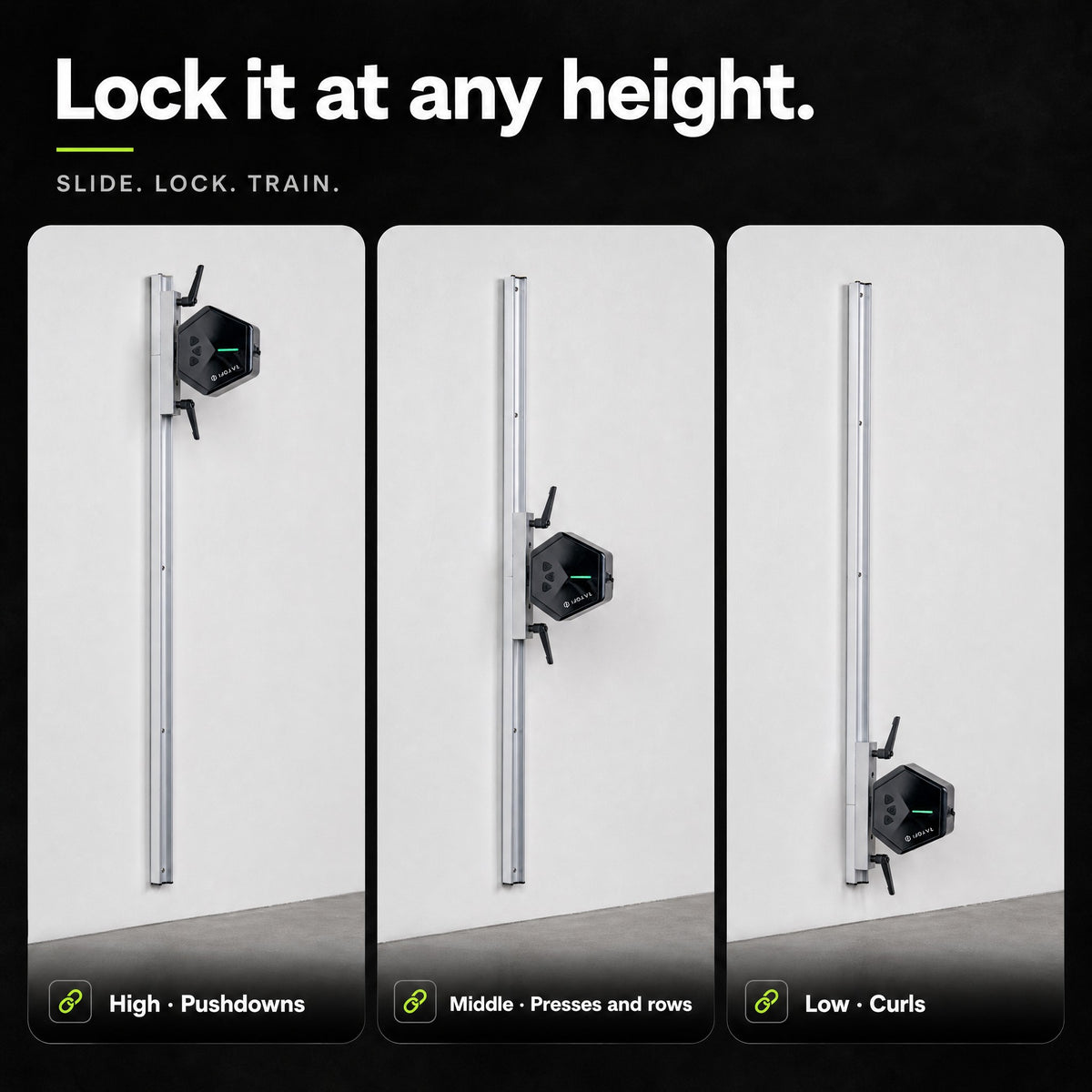 GYMDOCK wall mount: lock your Go-Tone high for pushdowns, in the middle for presses and rows, or low for curls