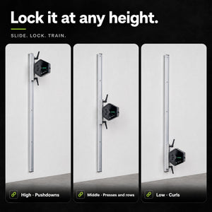 GYMDOCK wall mount: lock your Go-Tone high for pushdowns, in the middle for presses and rows, or low for curls