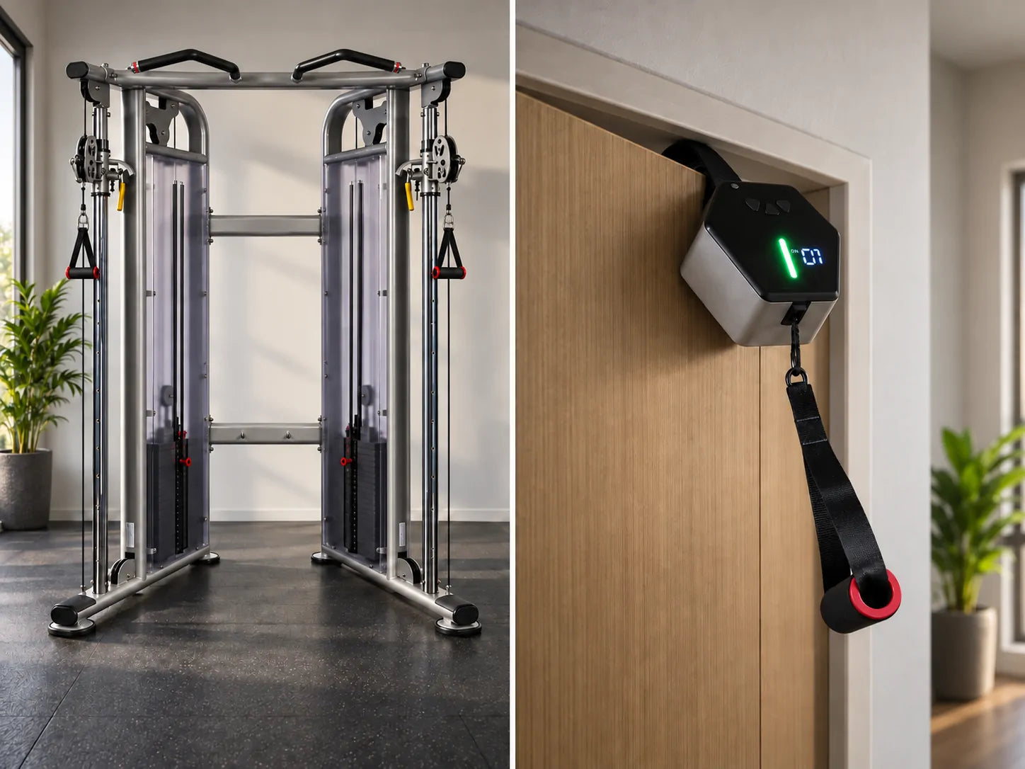 A full-size cable crossover beside Go-Tone Pro secured at the top of a closed door
