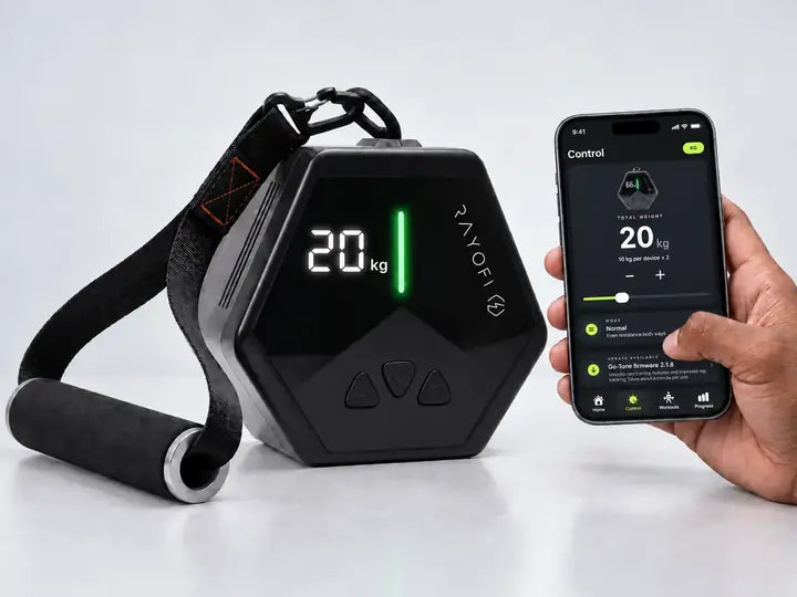 Go-Tone Pro screen showing 20 kg next to the Rayofi app on a phone